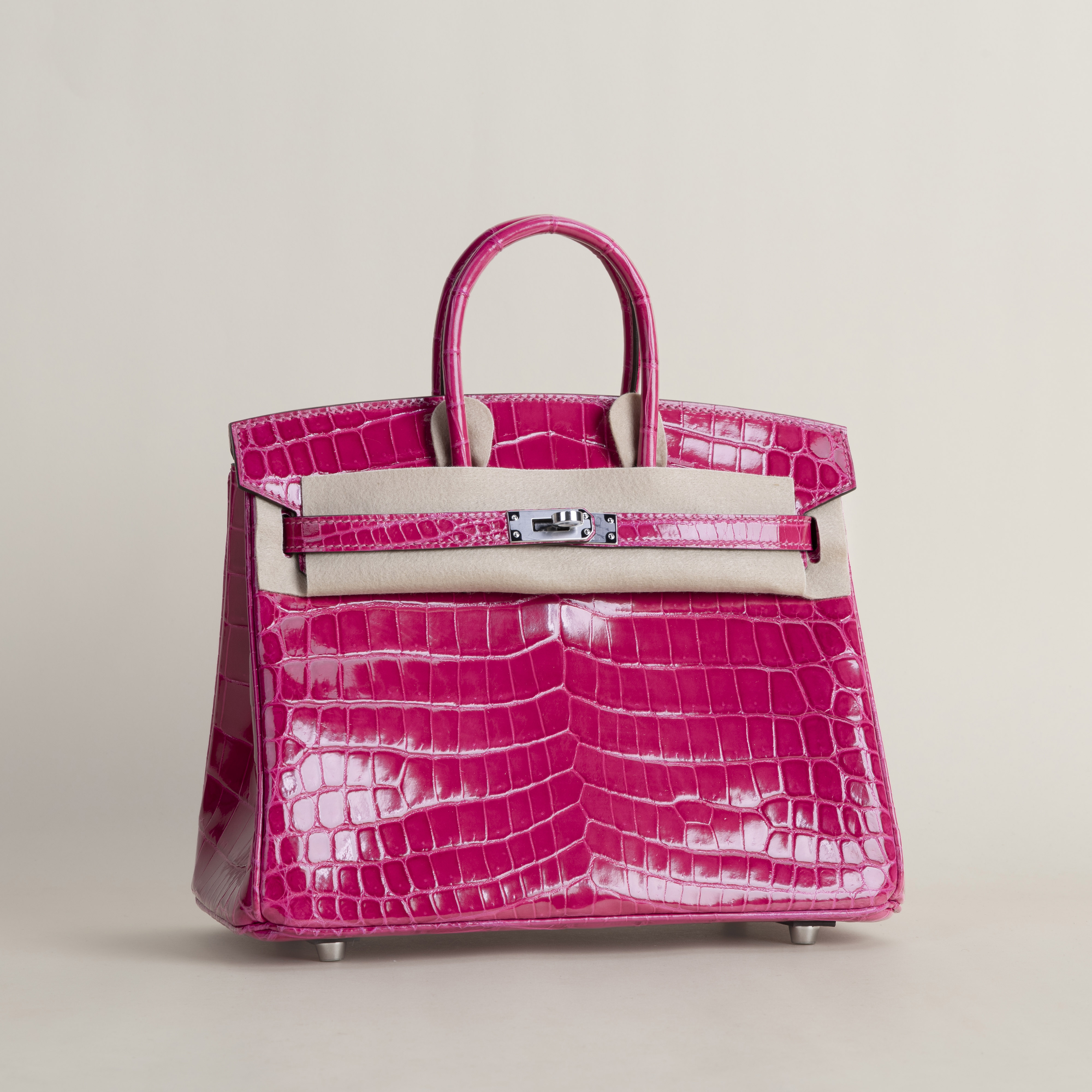 Birkin 25 Shiny Niloticus Crocodile E5 Rose Tyrien PHW