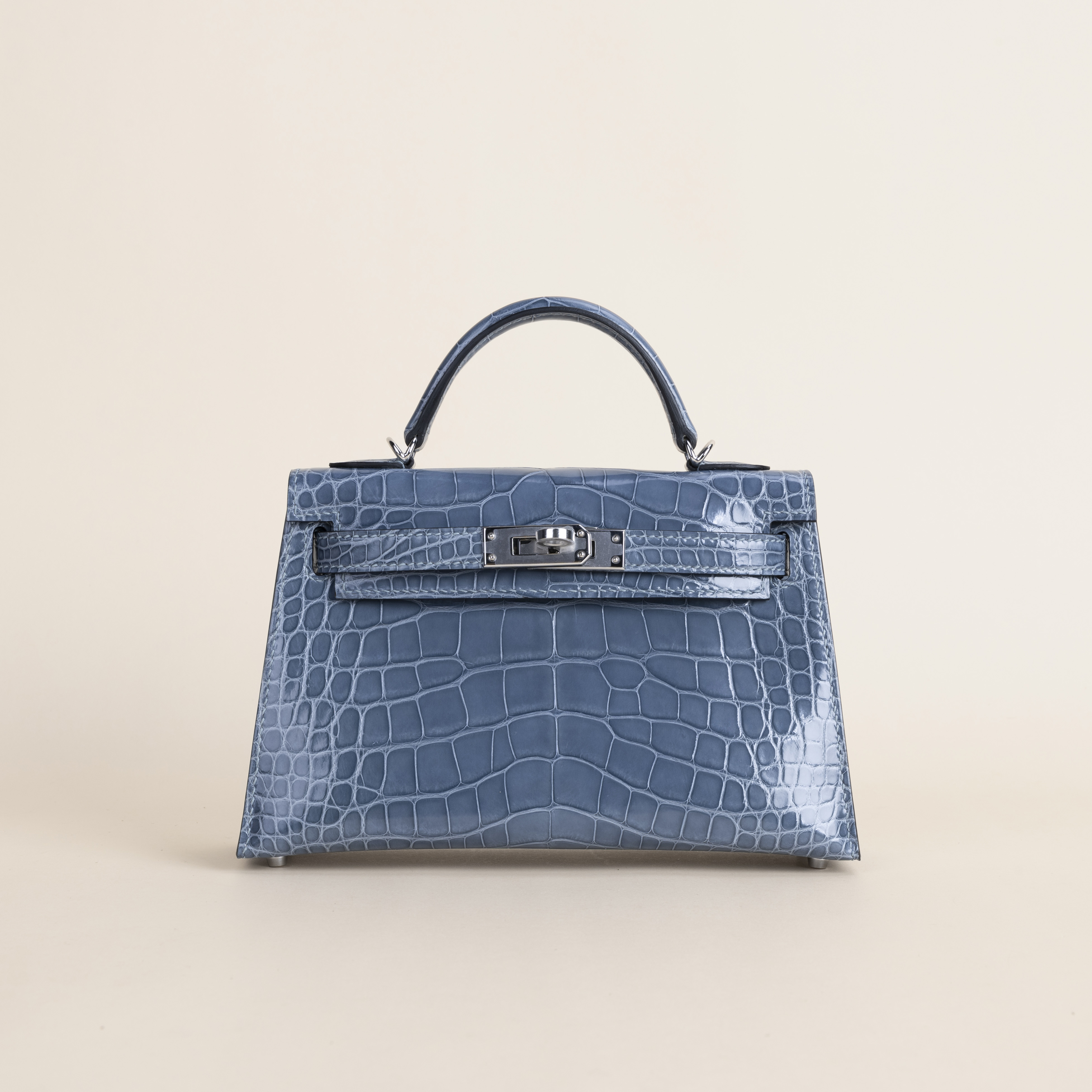 Mini Kelly Shiny Alligator CK75 Blue Jean PHW
