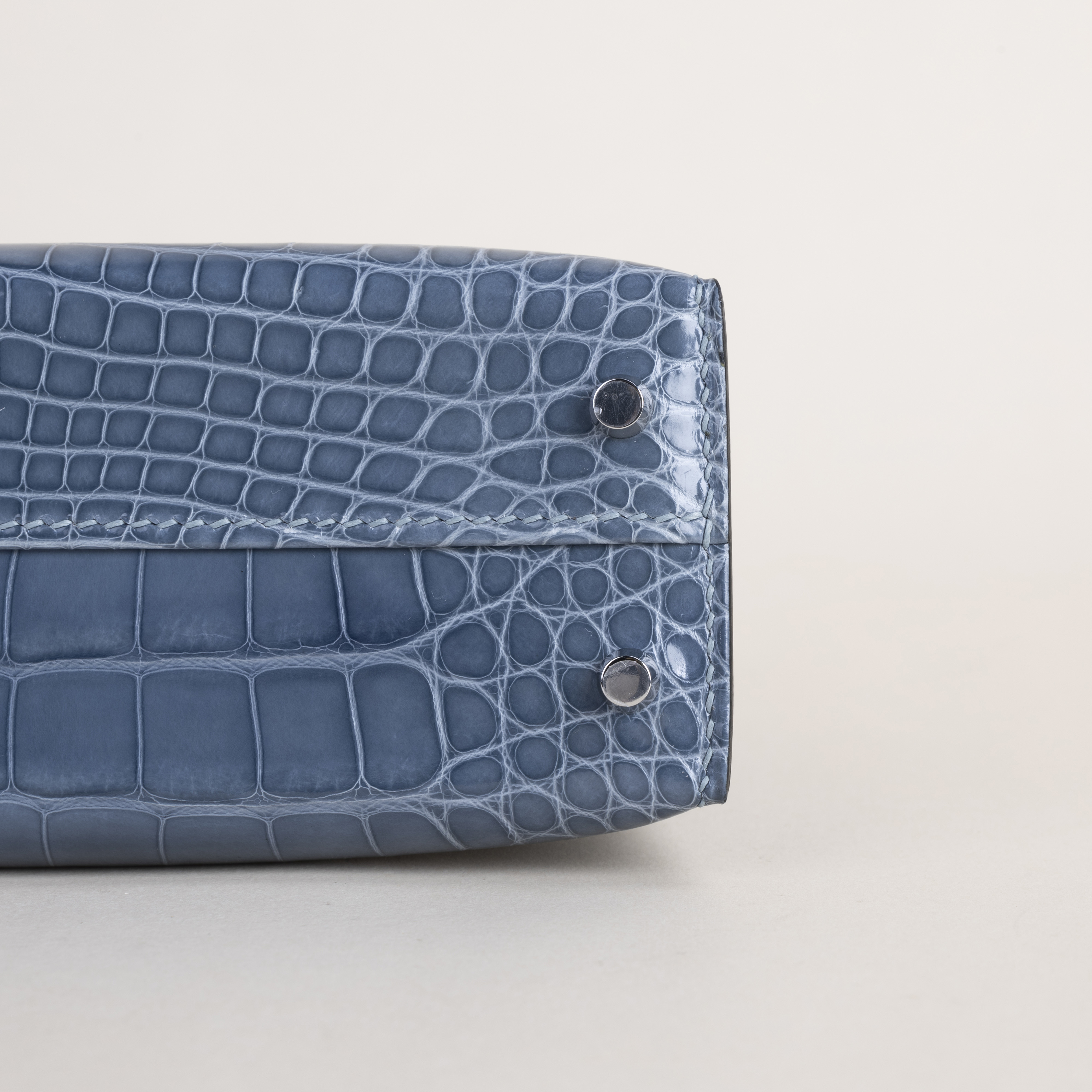 Mini Kelly Shiny Alligator CK75 Blue Jean PHW