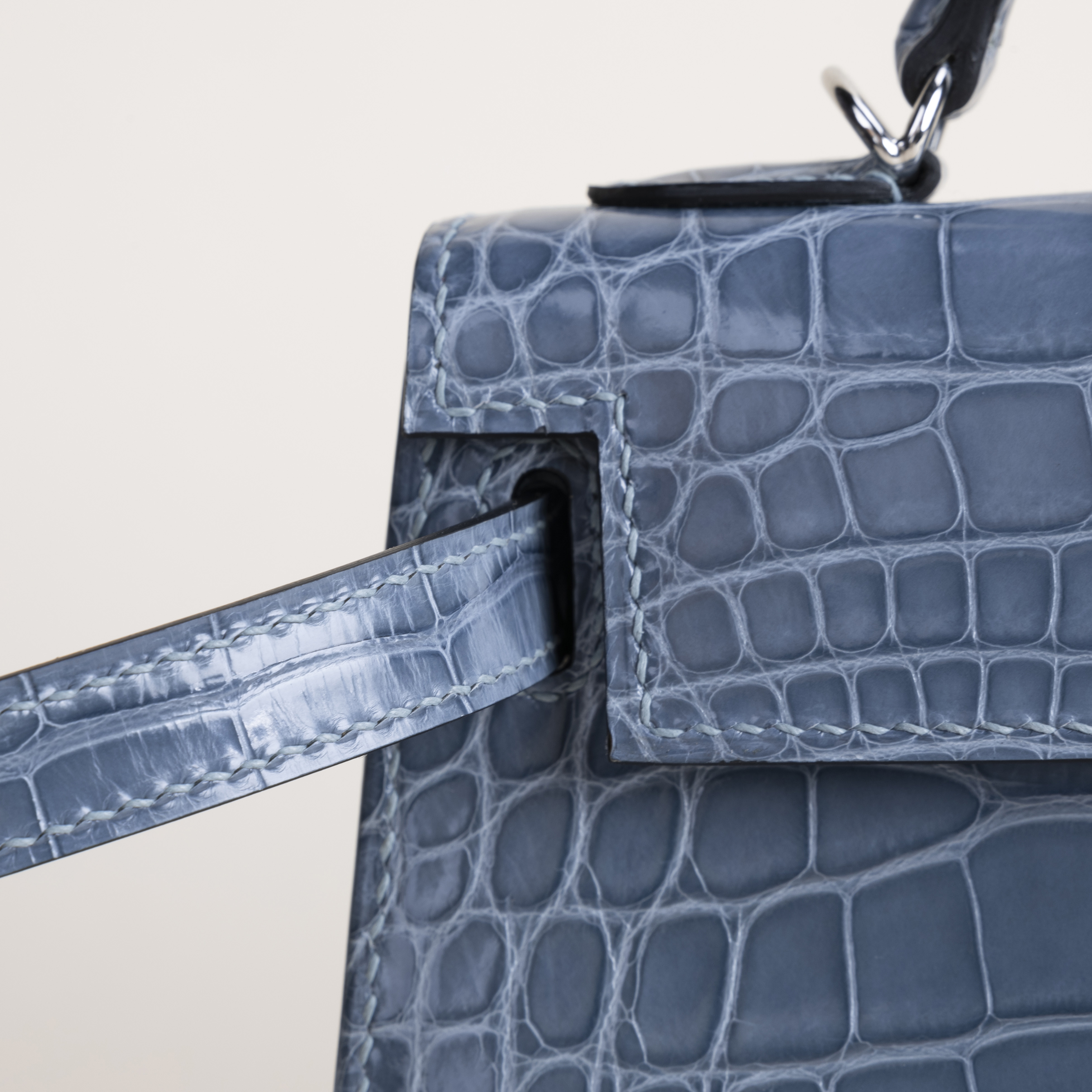 Mini Kelly Shiny Alligator CK75 Blue Jean PHW
