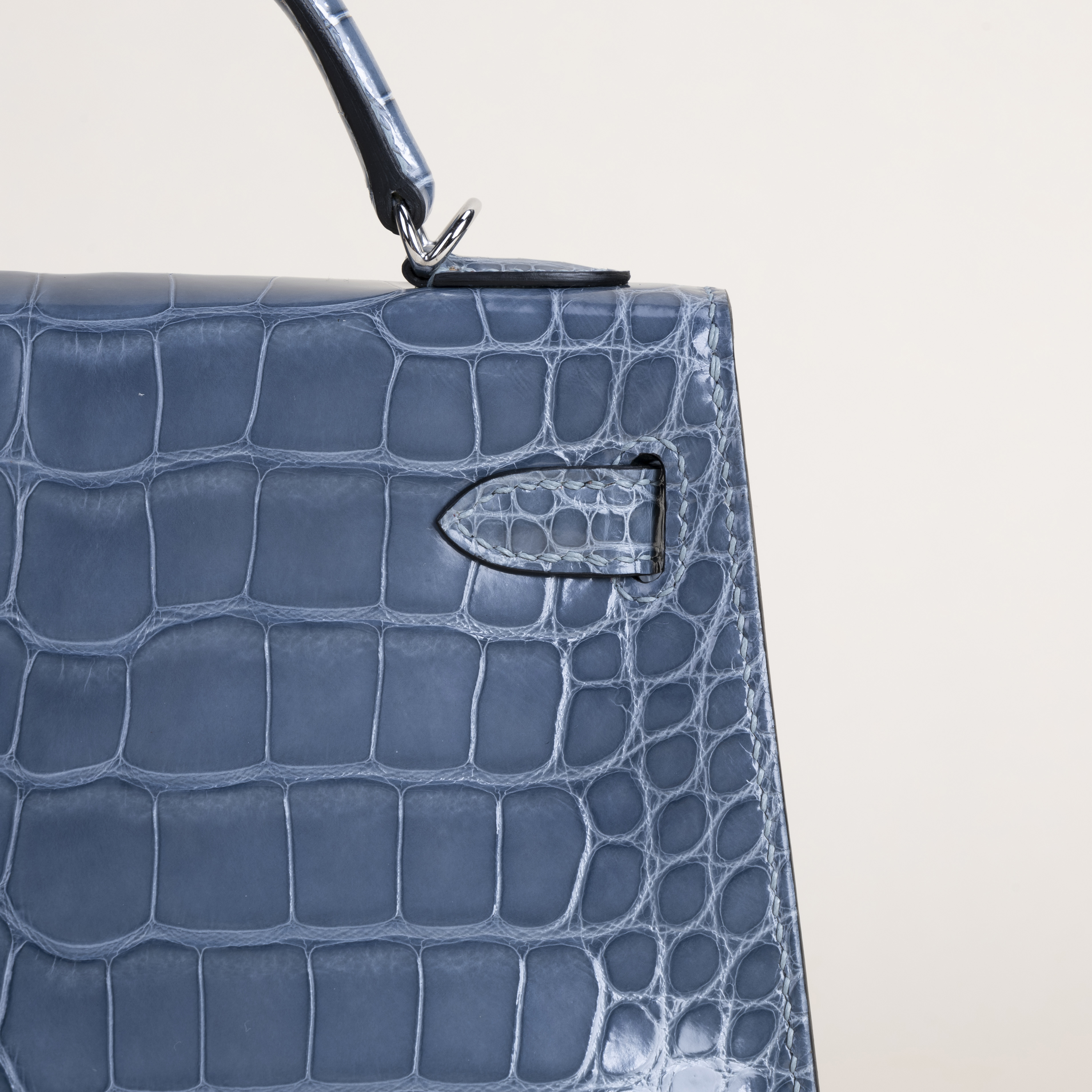Mini Kelly Shiny Alligator CK75 Blue Jean PHW